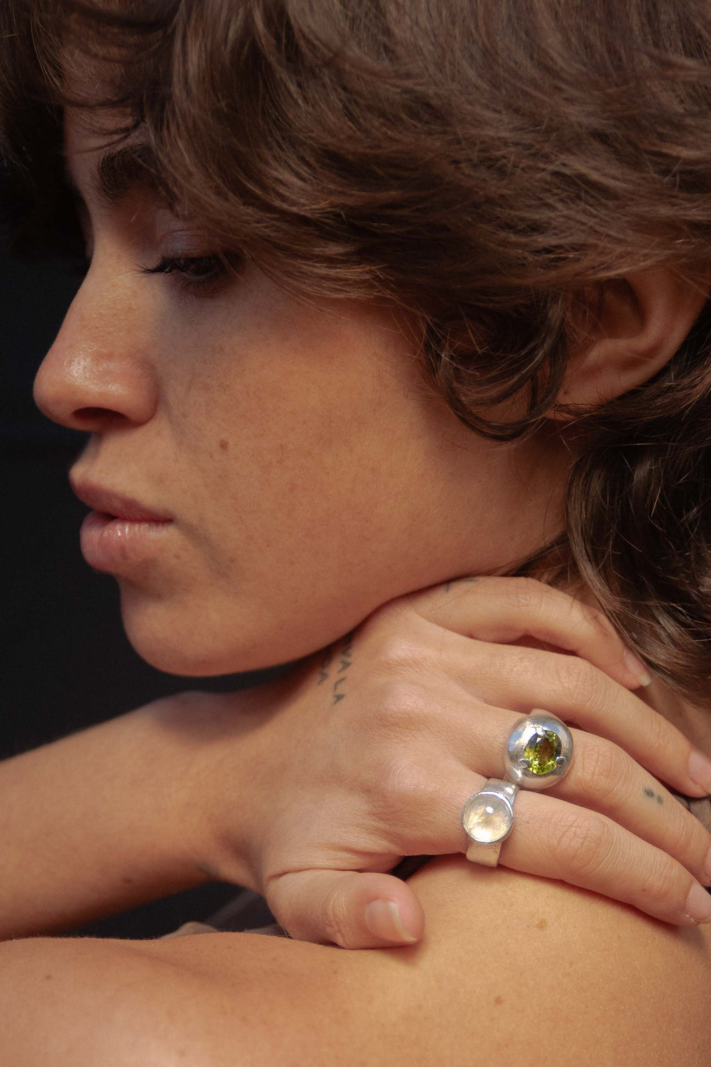 silver ring with moonstone and green peridot silver ring 