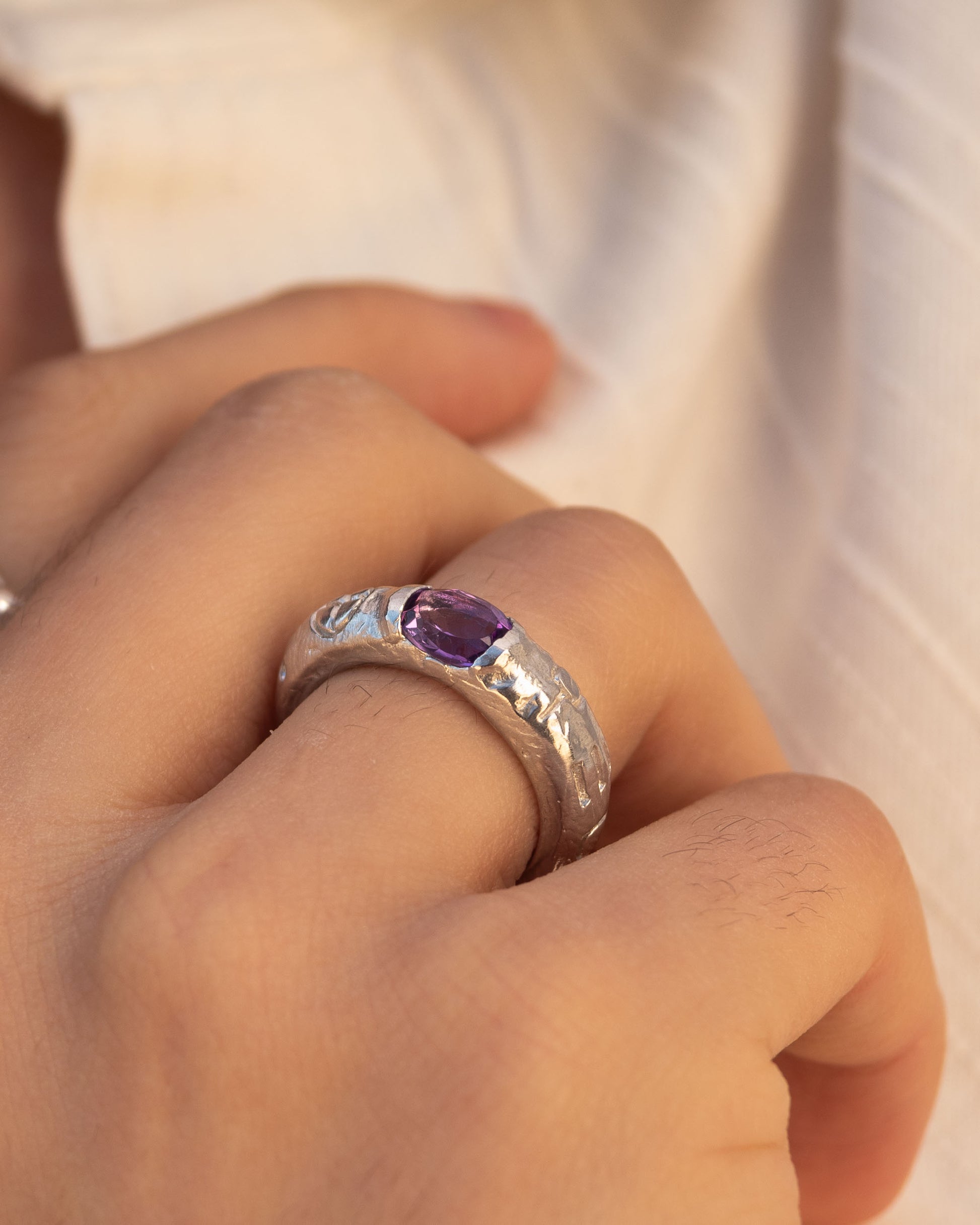 Silver ring with african amethyst and engravings